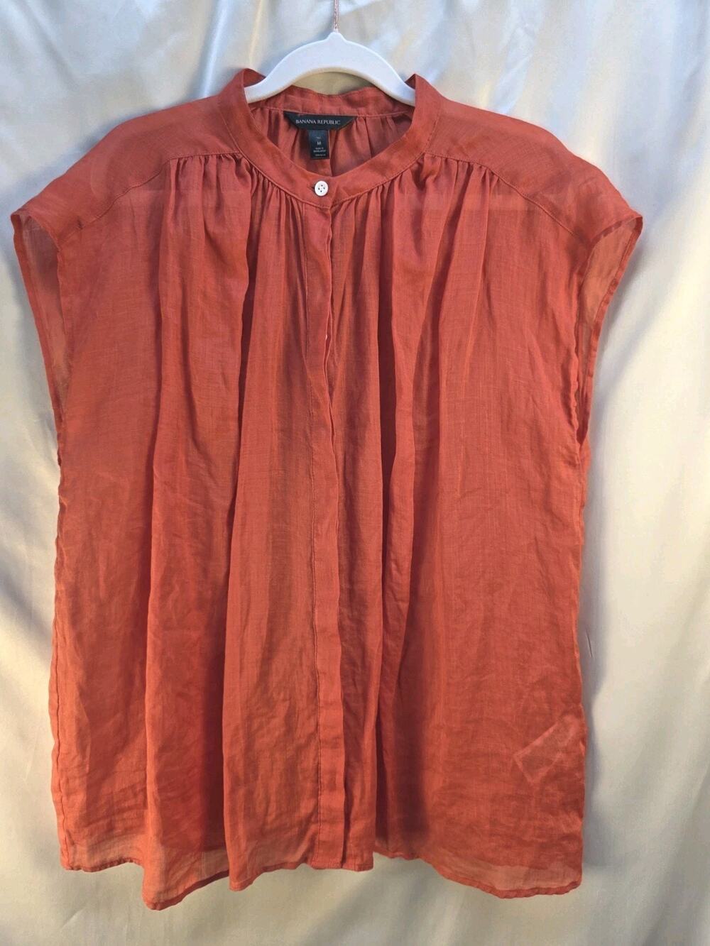 Banana Republic Women's Size Medium Tall Orange Sheer Ramie Blouse Oversize Boho